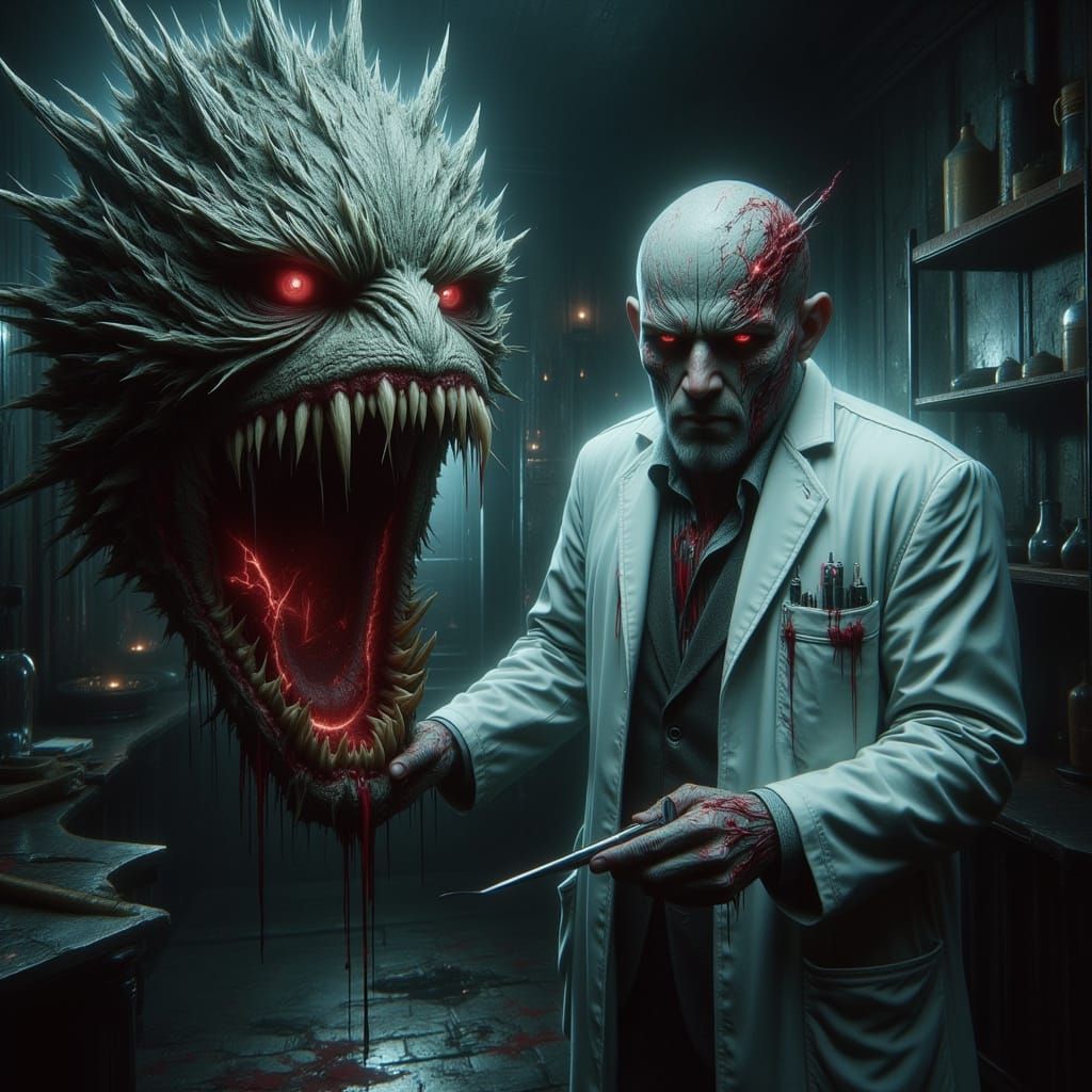 Menacing Dentist and Carnivorous Plant in Gothic Horror Styl...