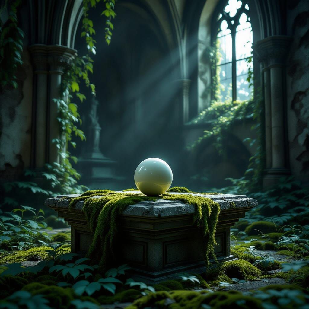Billiard Ball on Altar in Ruined Gothic Cathedral
