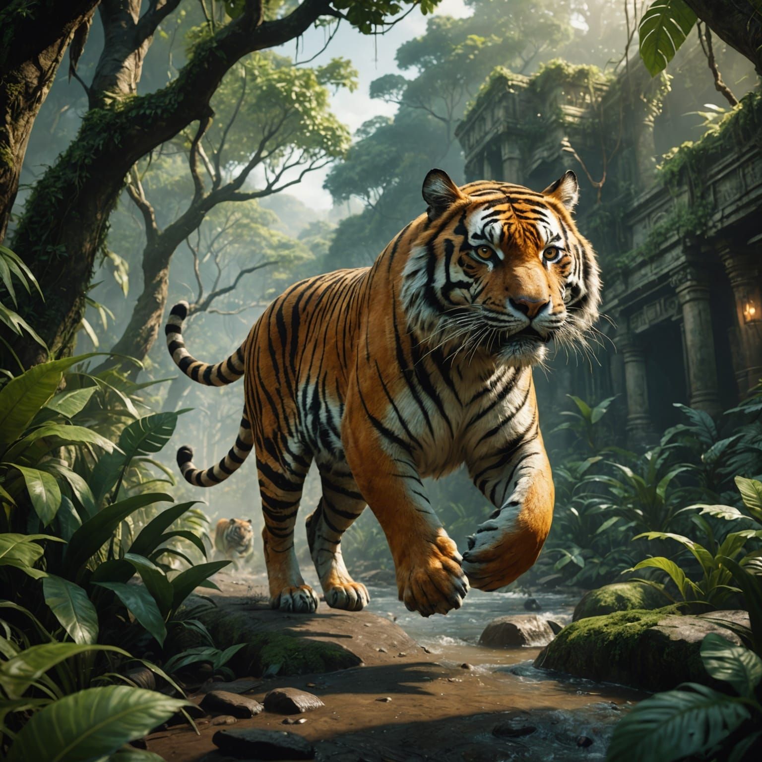 Tiger Running Through Jungle: Detailed Matte Painting