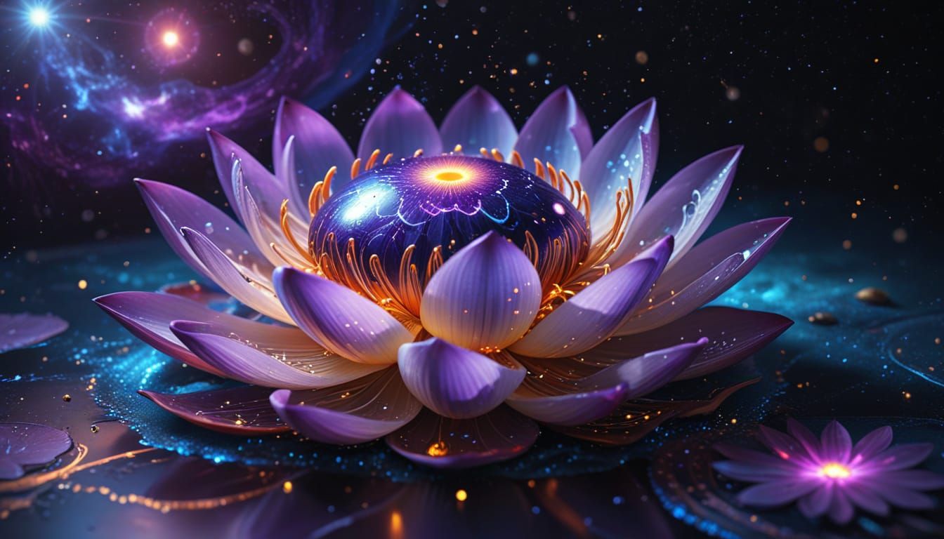 Ethereal Lotus Flower Amidst Cosmic Orbs