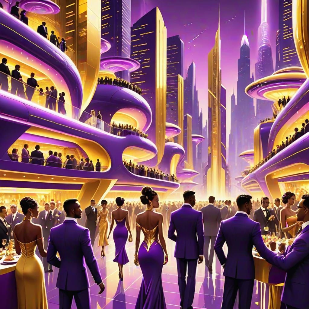 Glamorous Futuristic Gala in Vibrant Purple and Gold