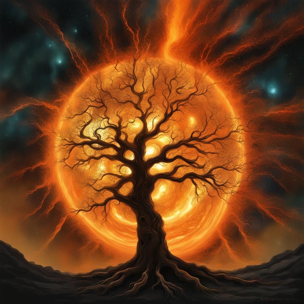 Tree Amidst Orange Solar Storm in Space