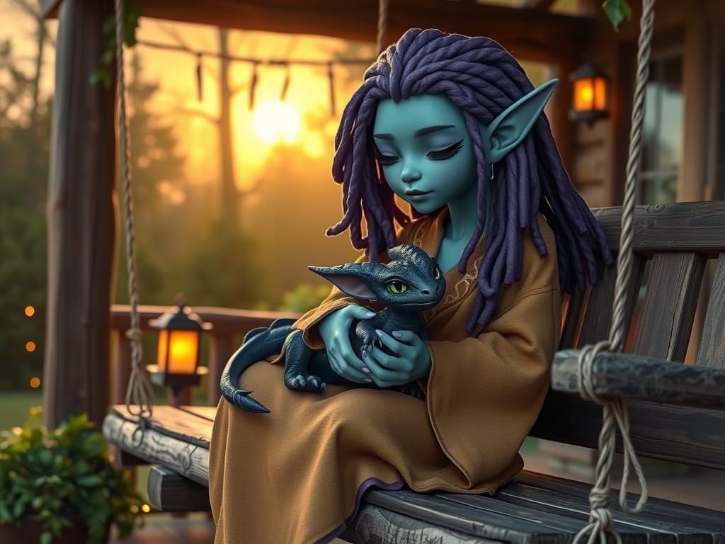 Whimsical Elf Enchants Baby Obsidian Dragon on Sunset Porch