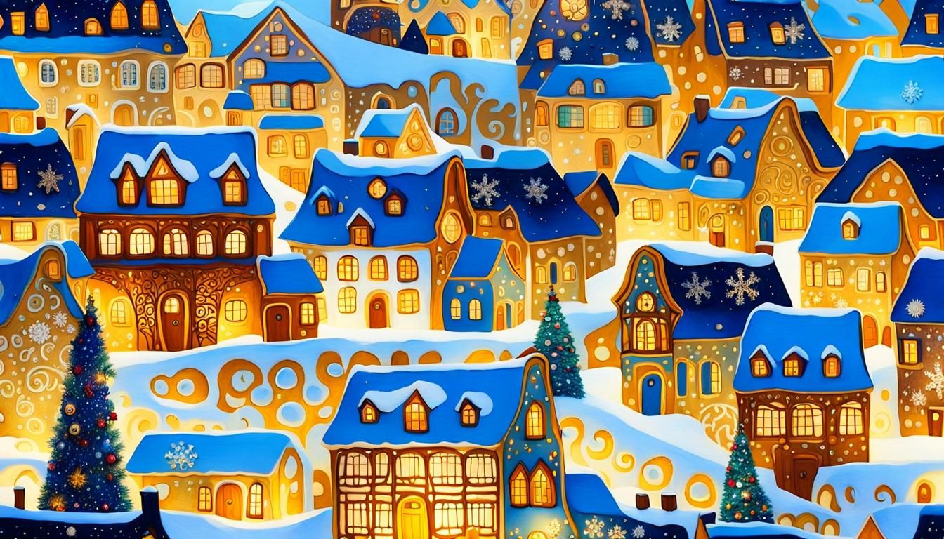 Golden Christmas Village in Klimt Art Nouveau Style