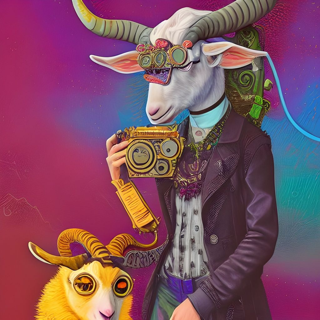 Steampunk Goat Anthro Character in Lisa Frank Style