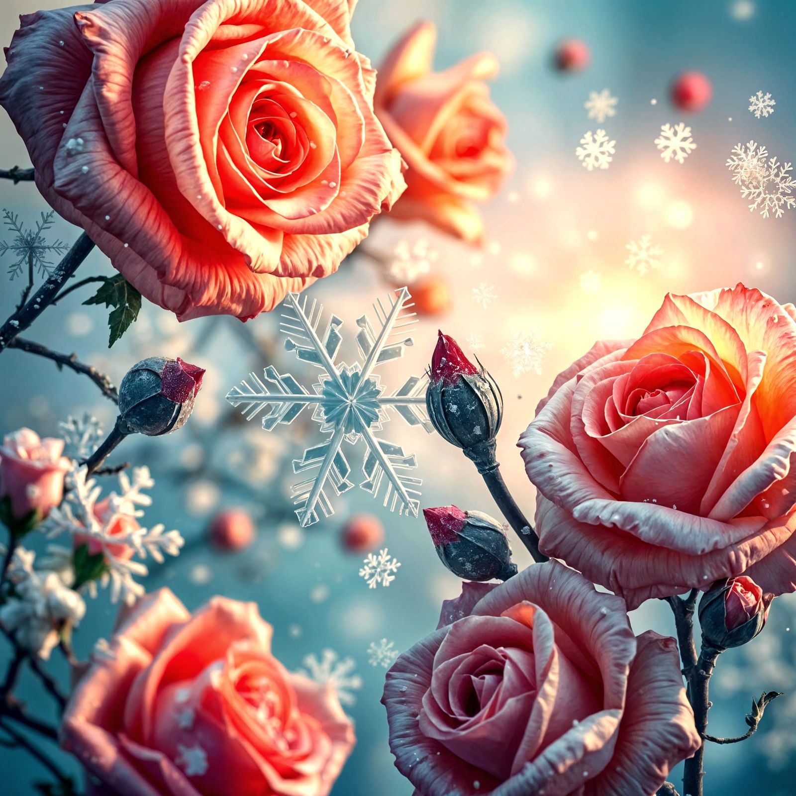 Hyperrealistic Surrealist Battle of Snowflakes and Roses