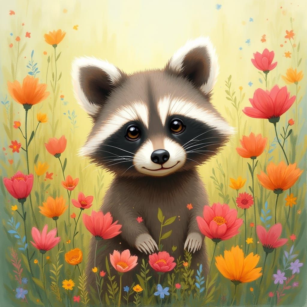 Raccoon Peeking Through Flowers in Whimsical Style