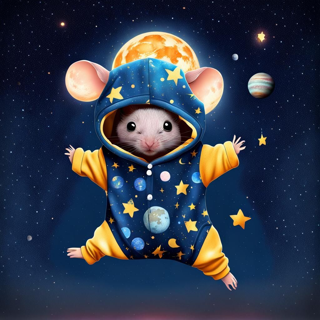 Upside-Down Chibi Mouse in Starry Sky Photograph