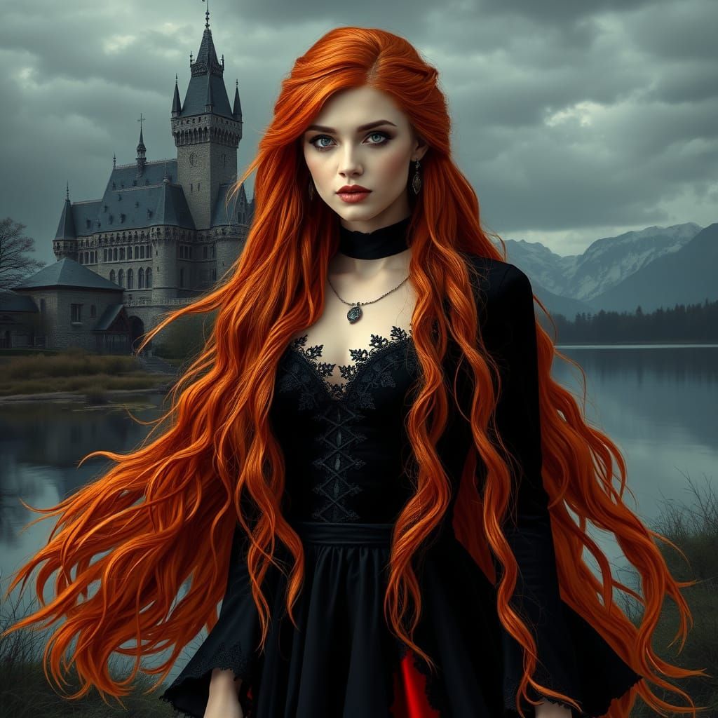 Gothic Woman with Fiery Hair Before Castle
