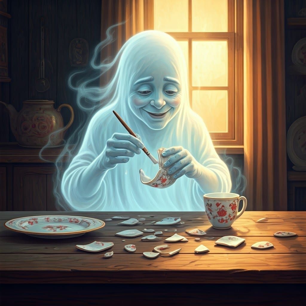 Ghost Repairs Antique Cup: Folk Art Colored Pencil Sketch