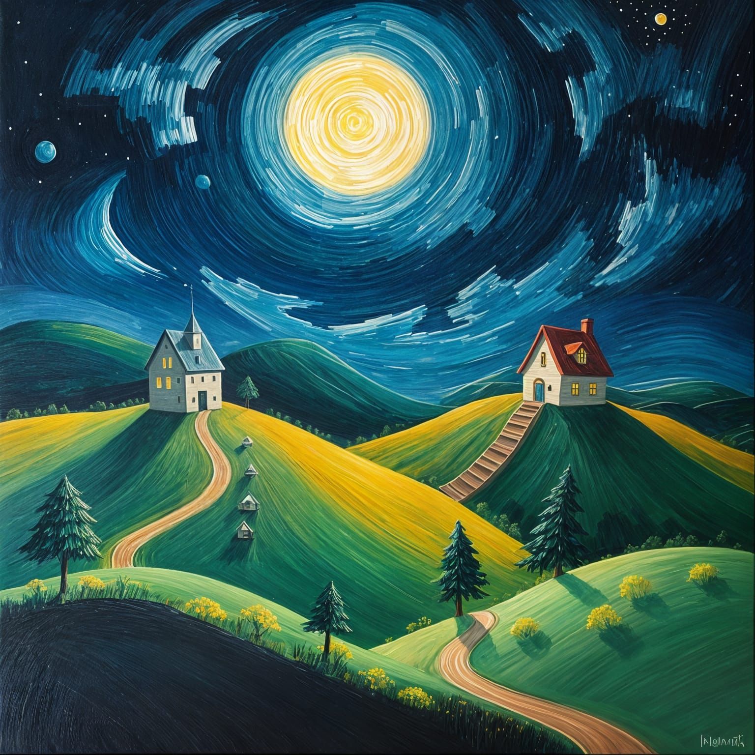 Houses on the Hills: Naive Art Nocturne