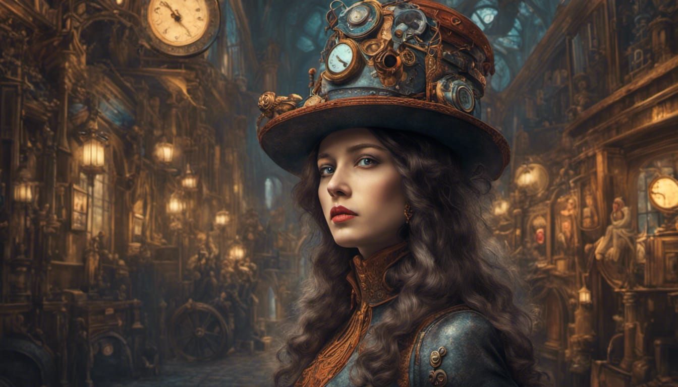 Steampunk Woman with Hat in Surreal Hyperrealism