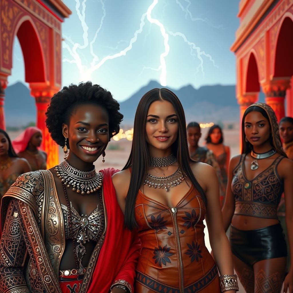 Moroccan Women in Neon-lit Riad, Synthwave Style