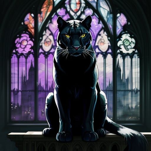 Panther on Gothic Cathedral in Watercolor Style