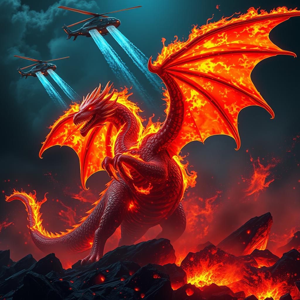 A hot smoldering fire Dragon with fire wings, covered in hot...