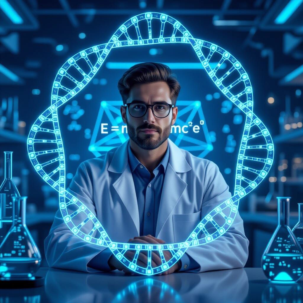 Scientist in Futuristic Lab with DNA Helix