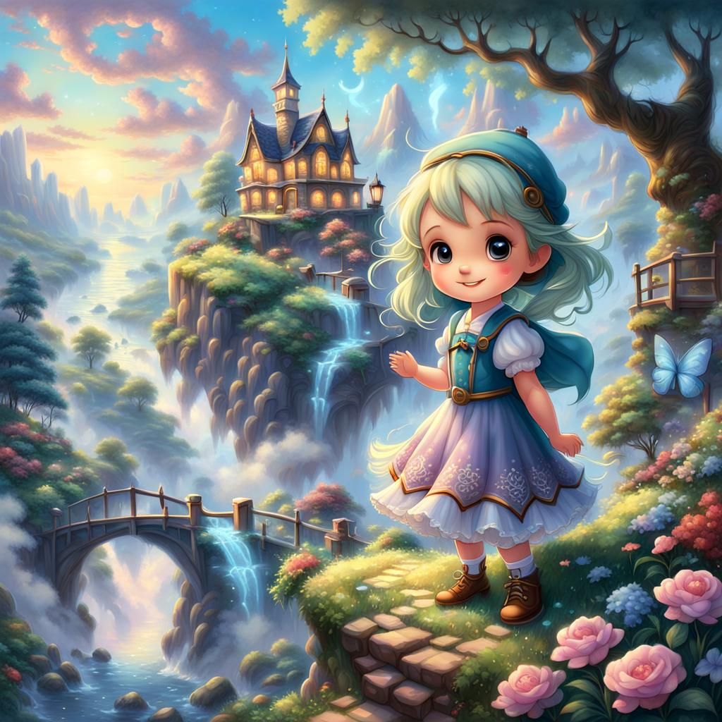 Detailed Chibi Character in Ethereal Fantasy Landscape