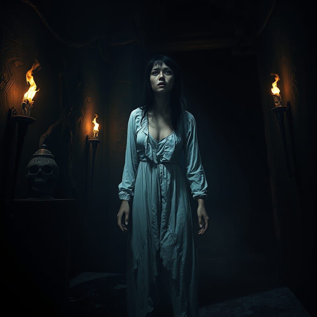 Terrified Woman in Dark Fantasy Chamber