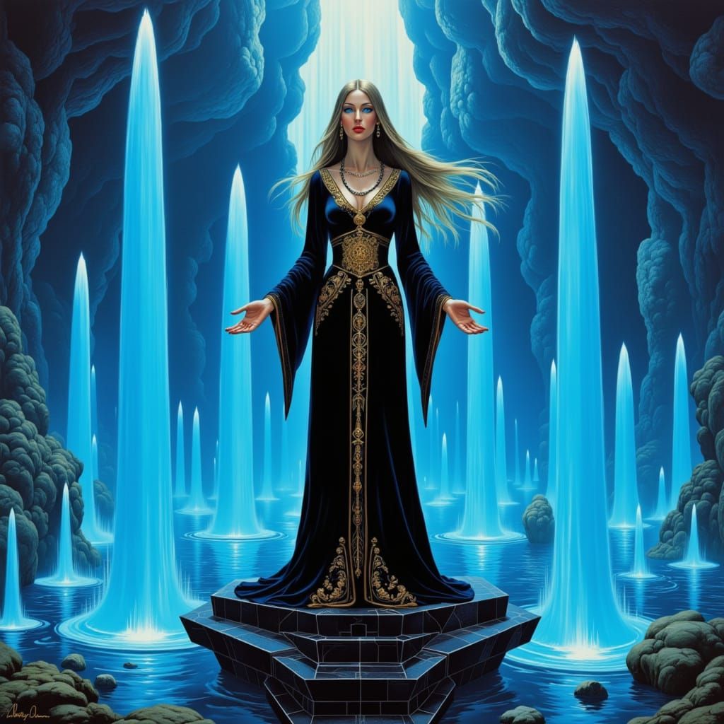 Existential Wizard in Psychedelic Blue Fountains