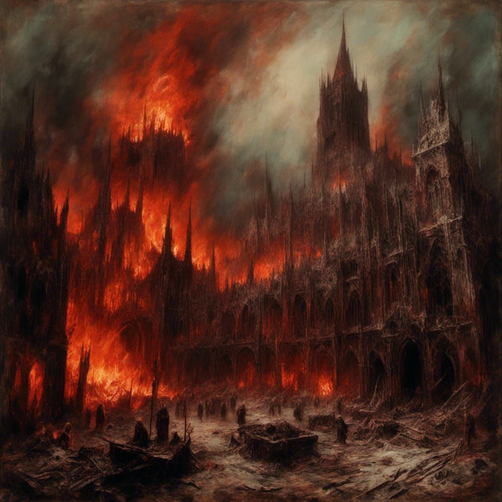 Burning Medieval City with Devil Smoke, Macabre Art