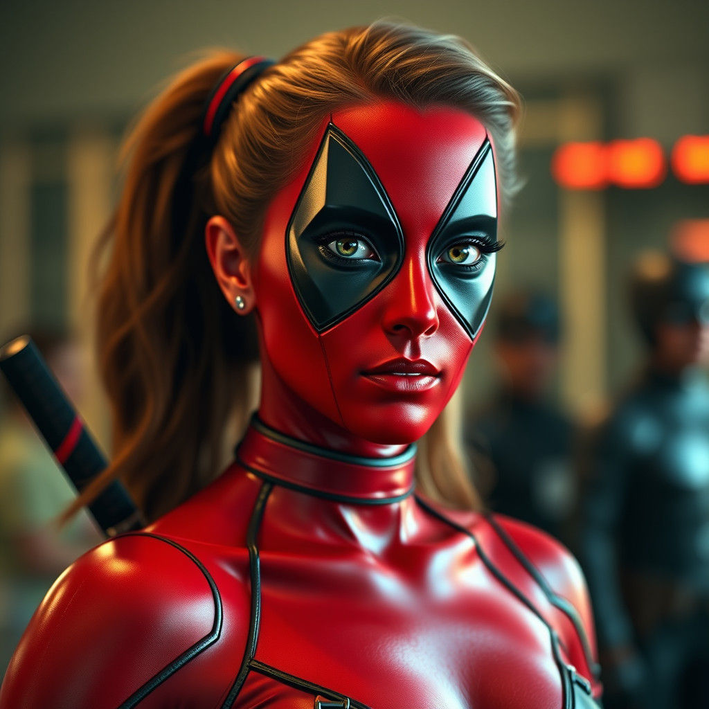 Hyperrealistic Woman in Latex Watched by Deadpool