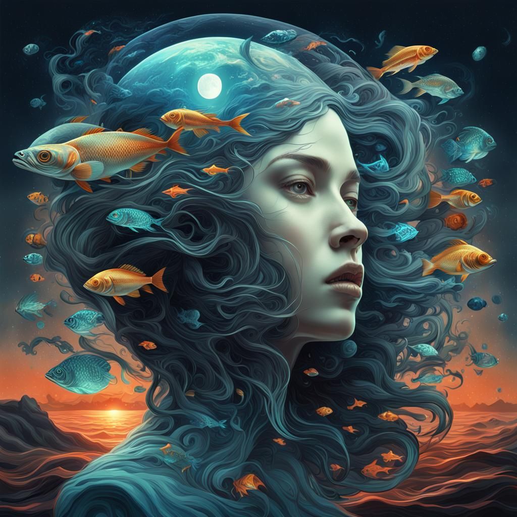 Surreal Anatomy: Woman's Head of Waves and Moonlight