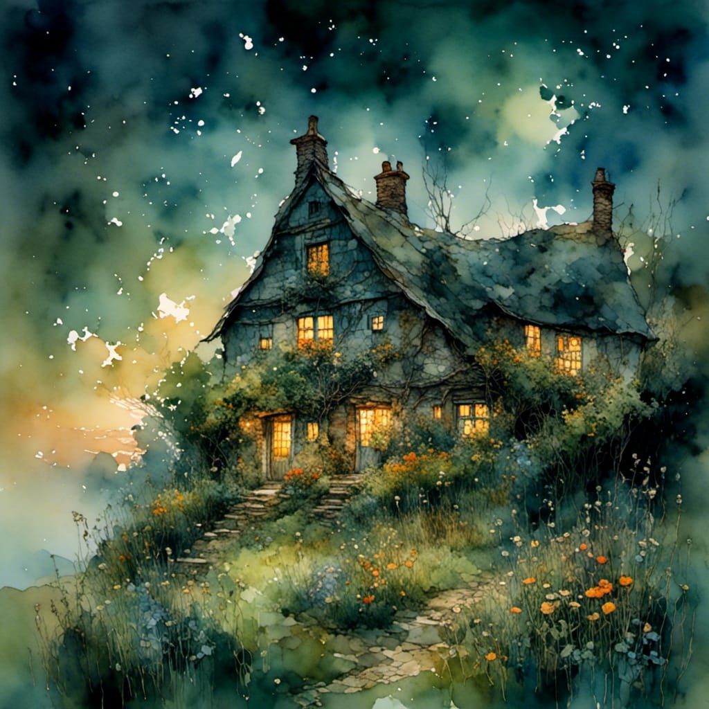 <lora:Cottages:1.0> Cosy cottage in the evening with invitingly brightly lit windows. Hilly landscape, flowery garden.