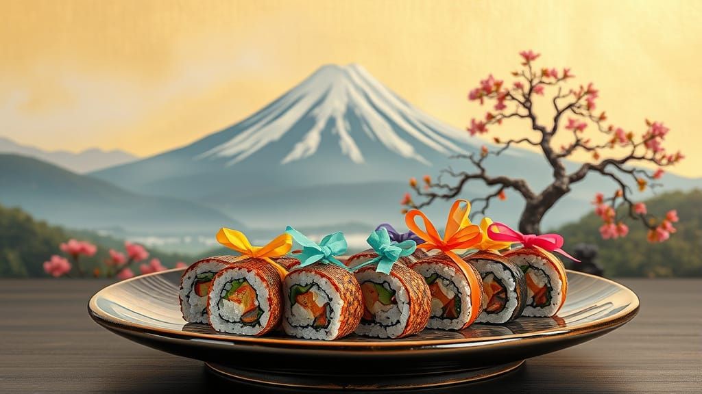 Elegant Sushi Rolls with Gold Bonsai and Mount Fuji