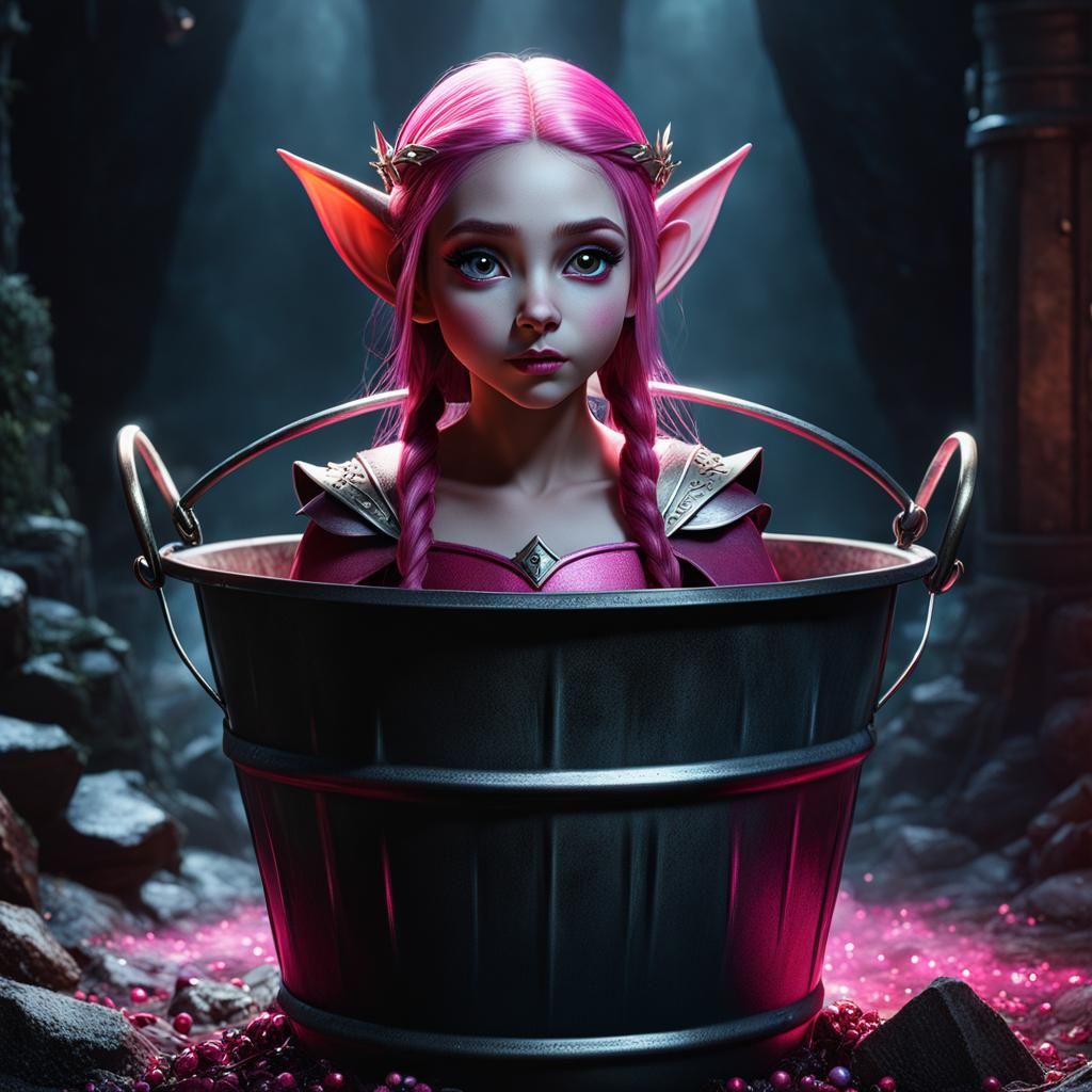 Elf Princess in Bucket: Hyperrealistic Dark Fantasy Art