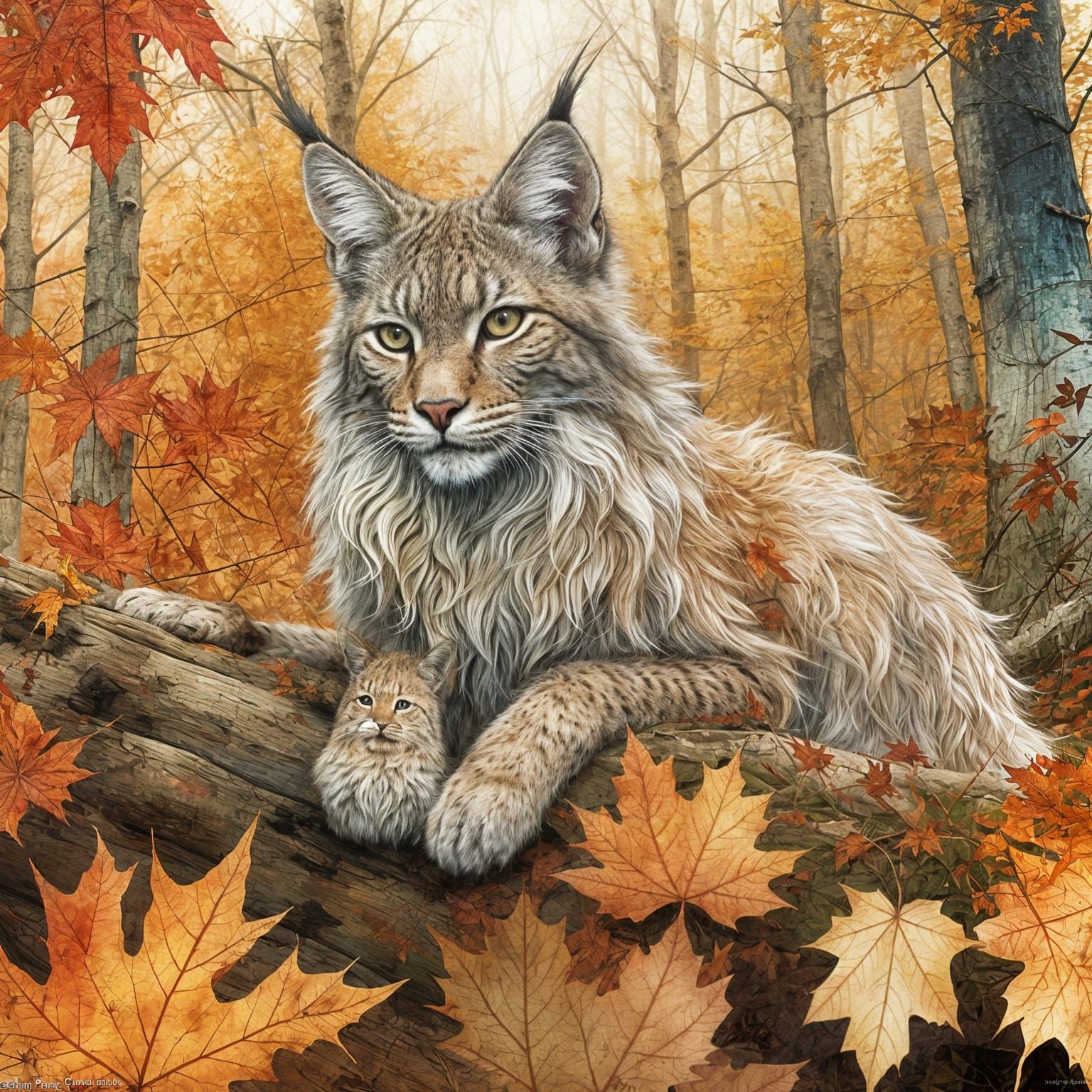Angora Lynx in Autumnal Watercolor Landscape