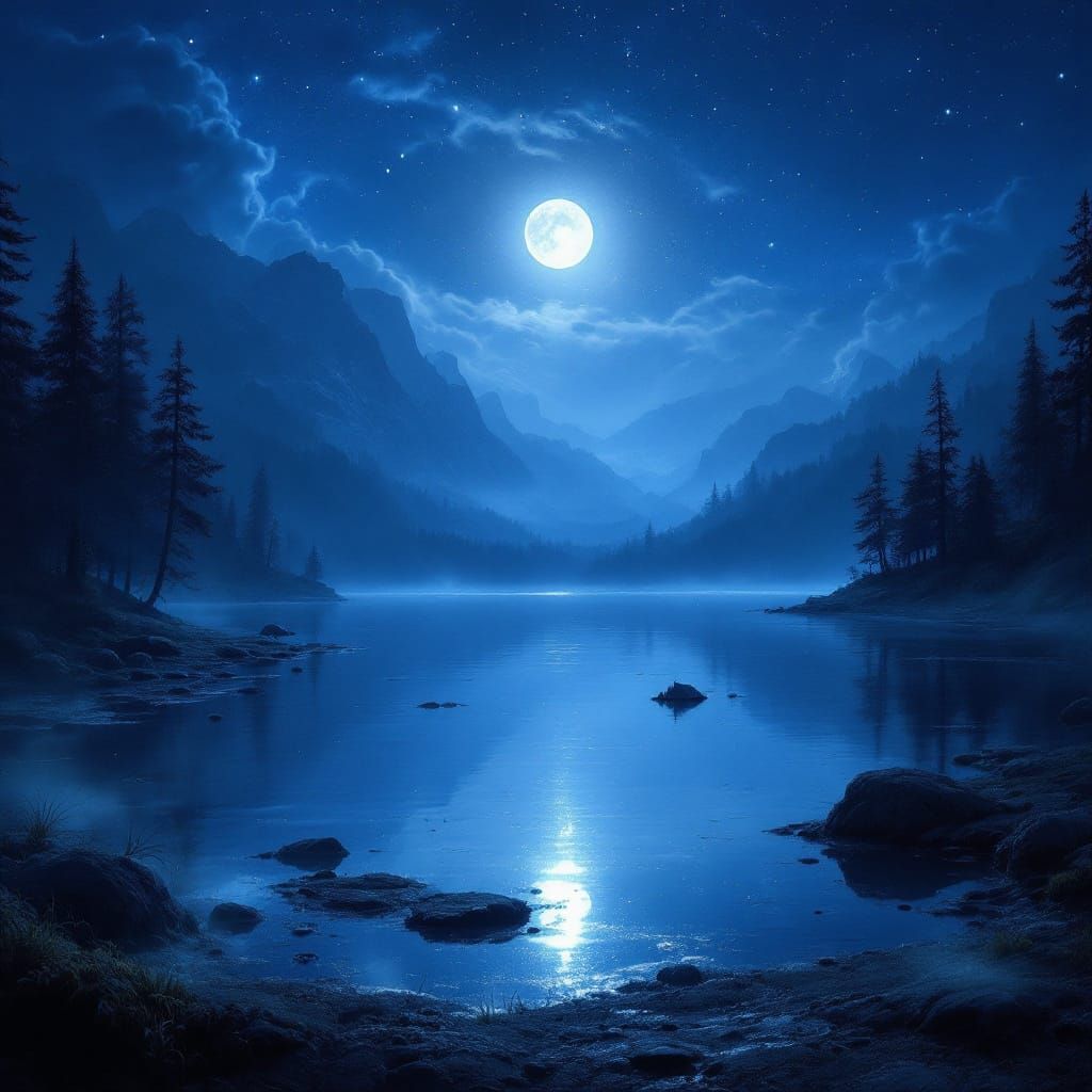 Ethereal Blue Nocturnal Landscape with Starry Sky