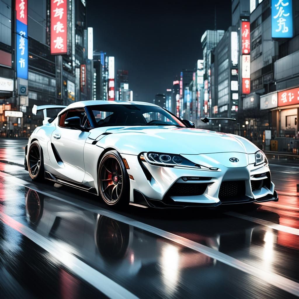 White Toyota Supra in Tokyo Night, Hyperdetailed Art