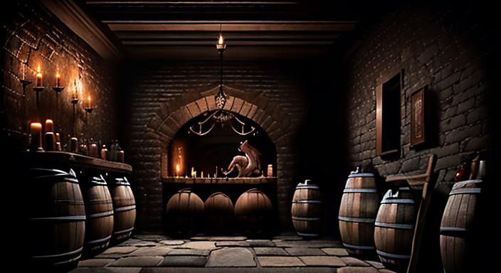 Realistic Rum Cellar with Leaking Barrels and Rats