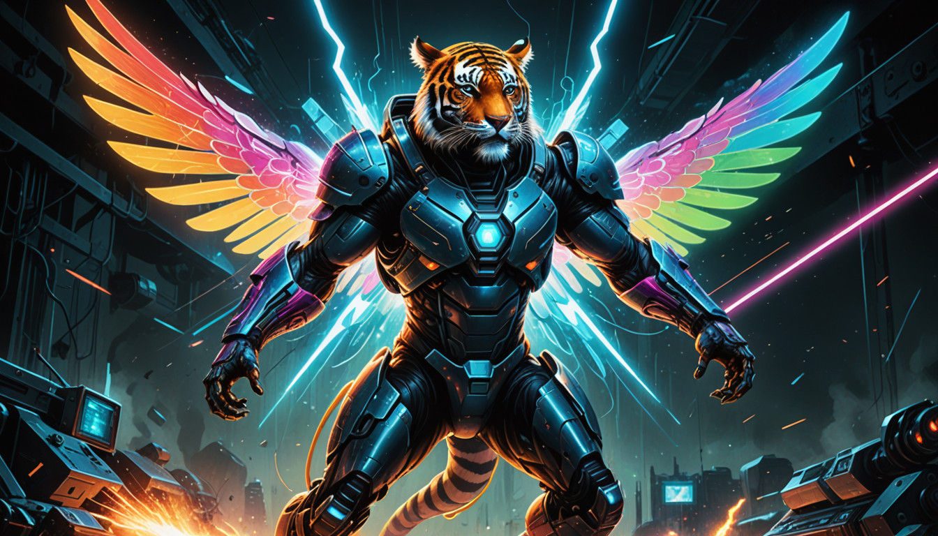 Cyberpunk Tiger Warrior Battles Alien Insects in Neon-Lit Fu...