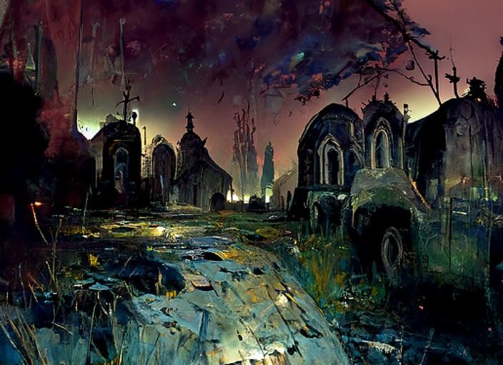 Post-Apocalyptic Church Graveyard at Night: Expressionist Ho...