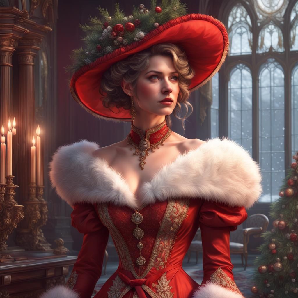 Victorian Woman in Red Christmas Gown, Hyperdetailed Portrai...
