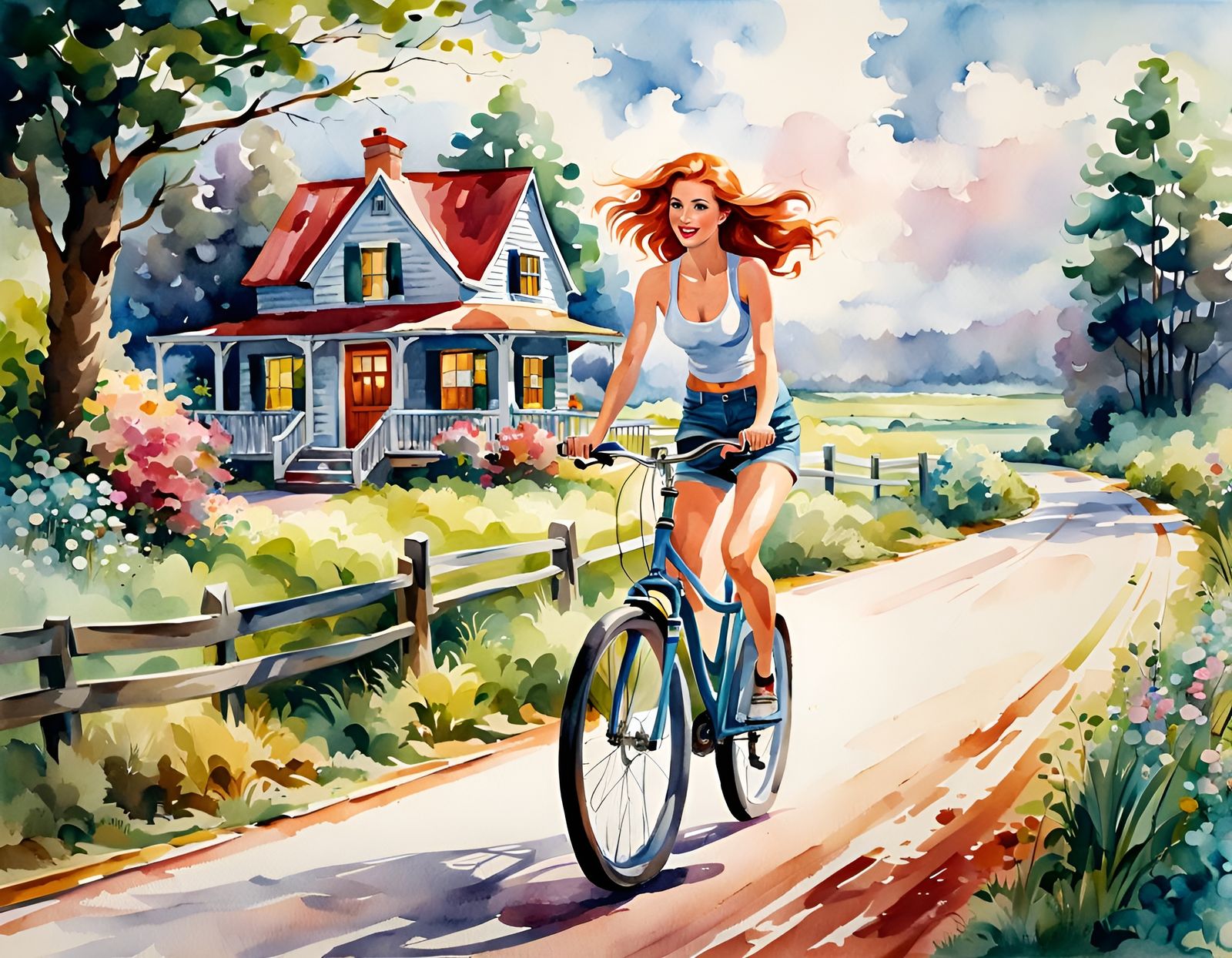 Red-Haired Girl on Country Road in Watercolor