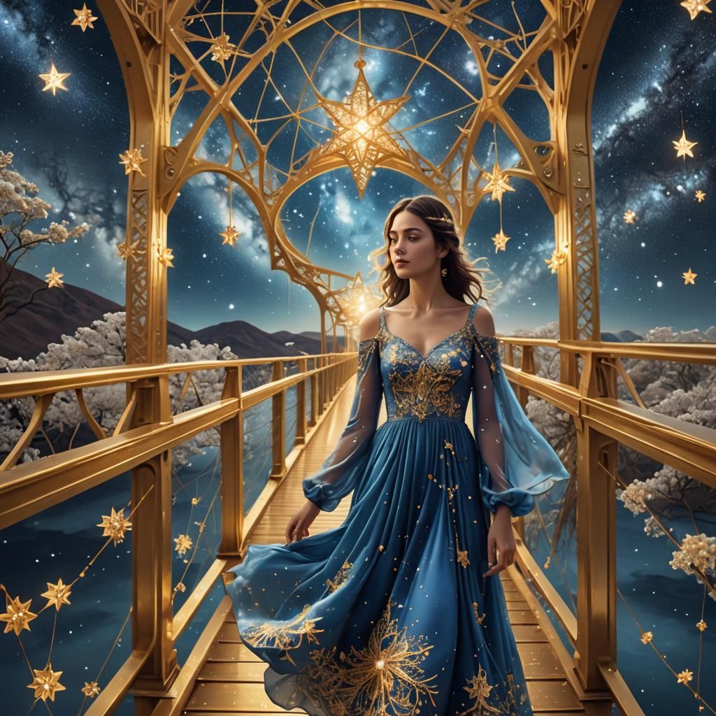 Girl on Golden Bridge Over Milky Way: Surreal Digital Art