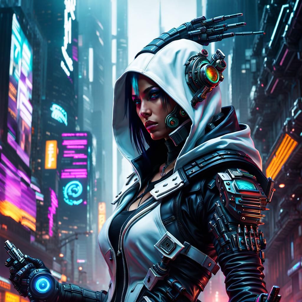 Biopunk Assassin with Cybernetic Arm in Sci-Fi City