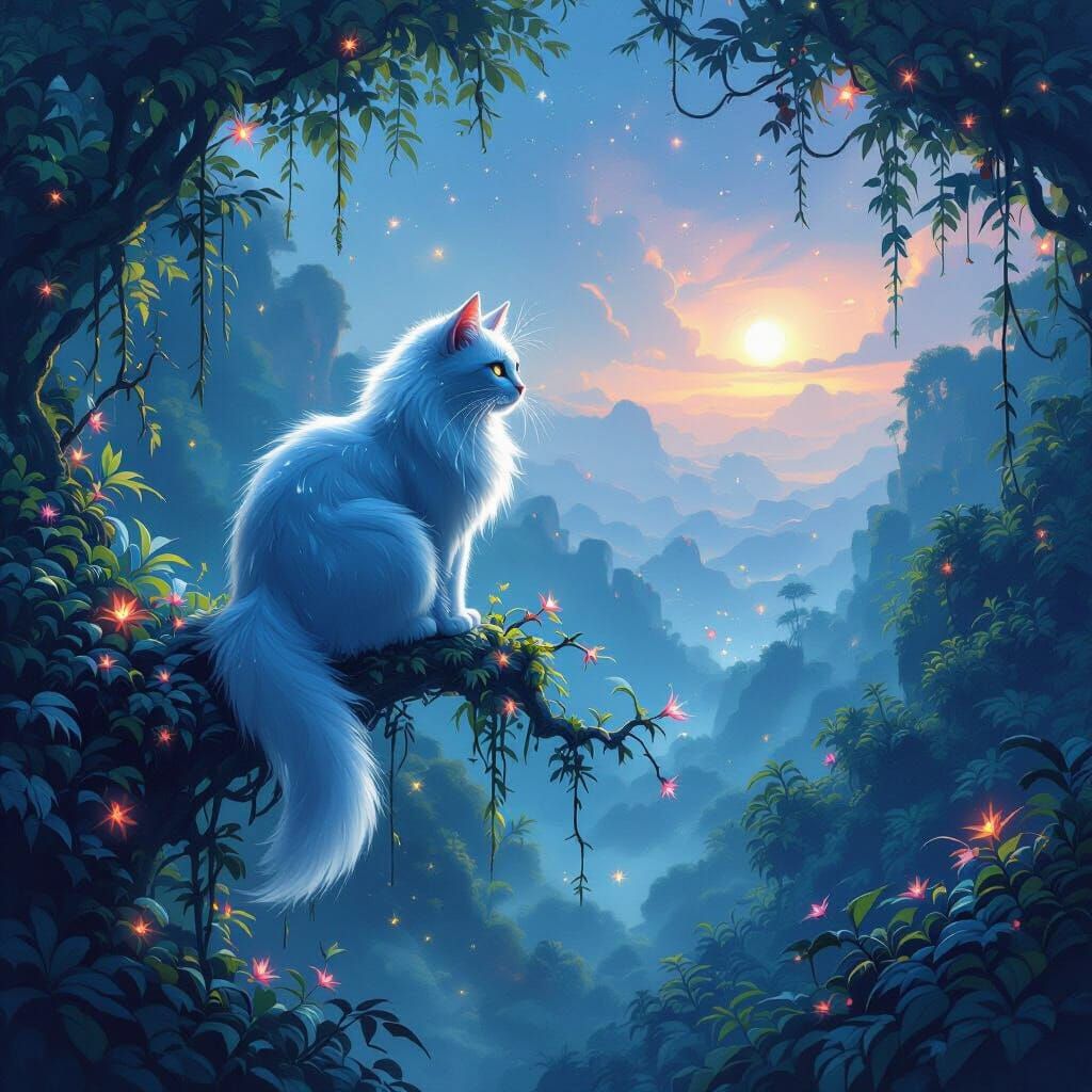 Bioluminescent Cat on Crystalline Branch in Alien Jungle