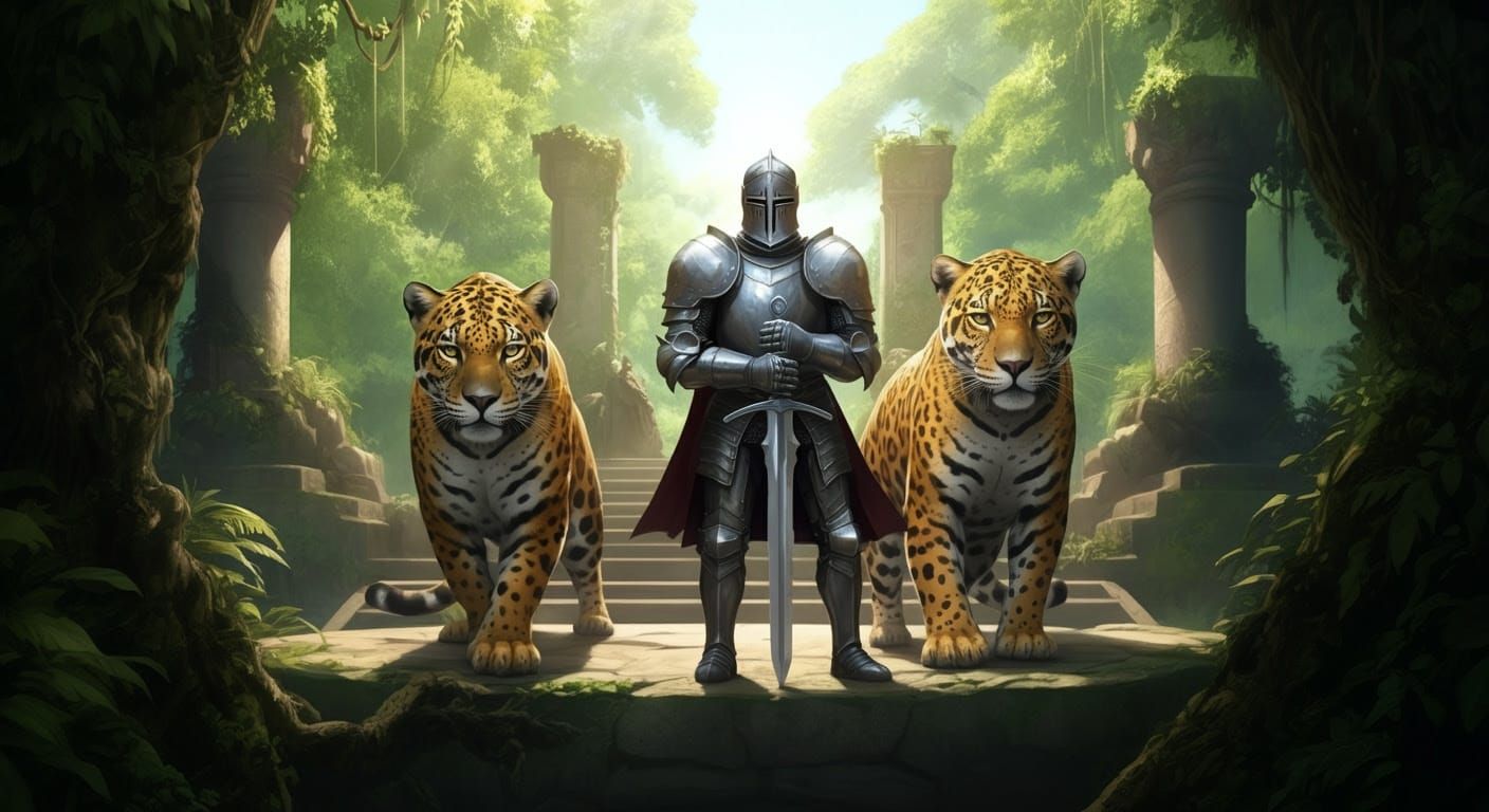 Heroic Knight Surrounded by Majestic Jaguars in a Sunny Jung...