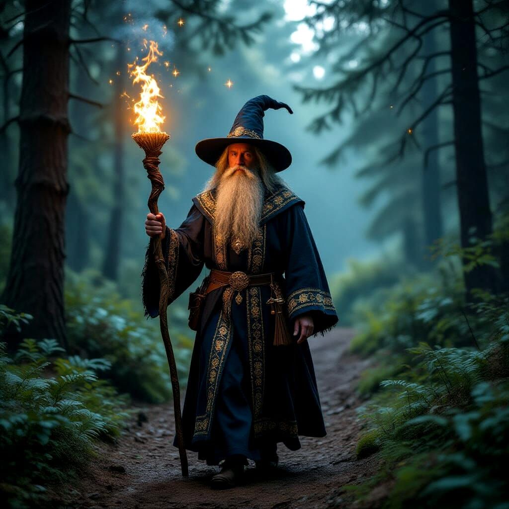 Tall Wizard Walks Forest Path With Glowing Staff