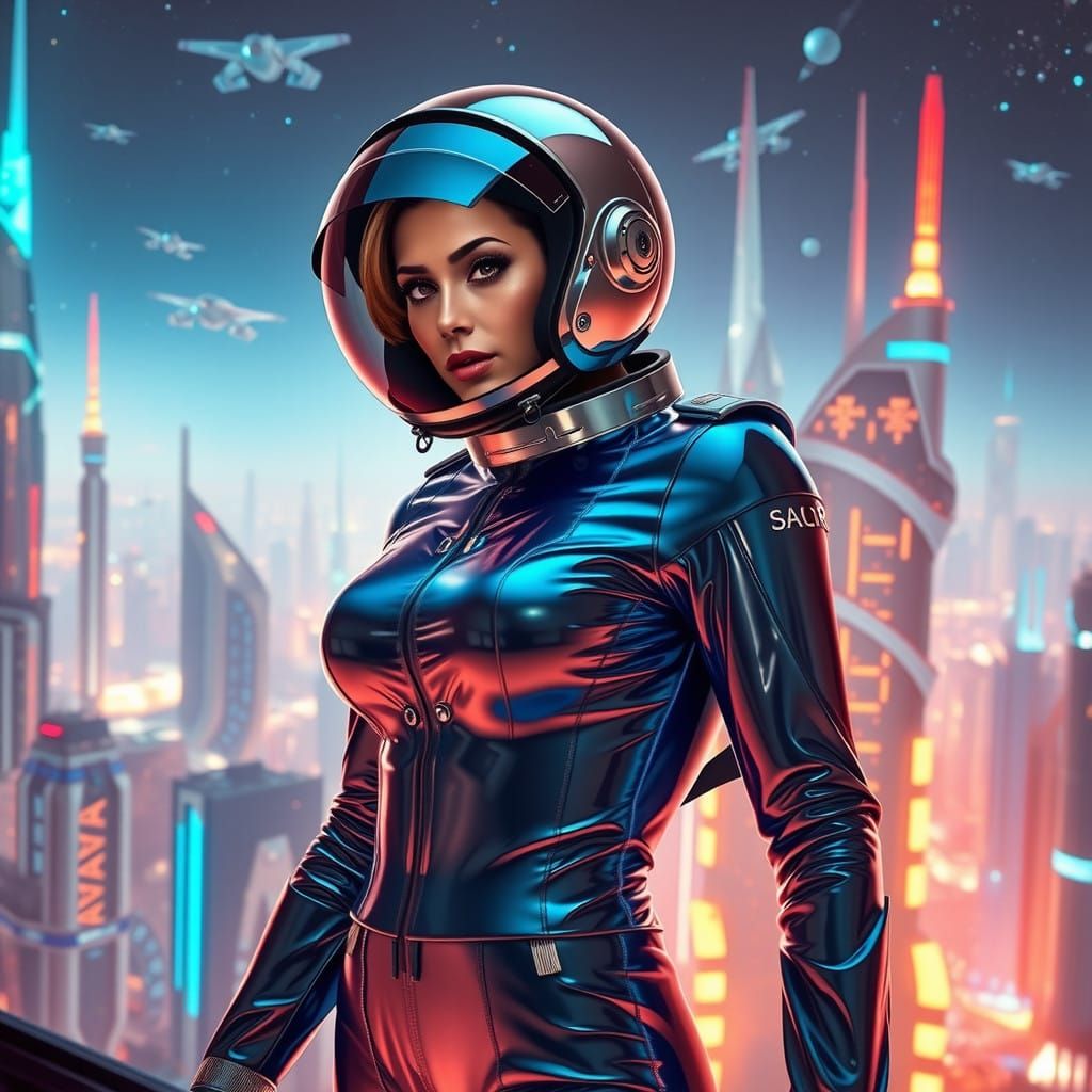 Glamorous Space Explorer in Neon Blue Latex Spacesuit