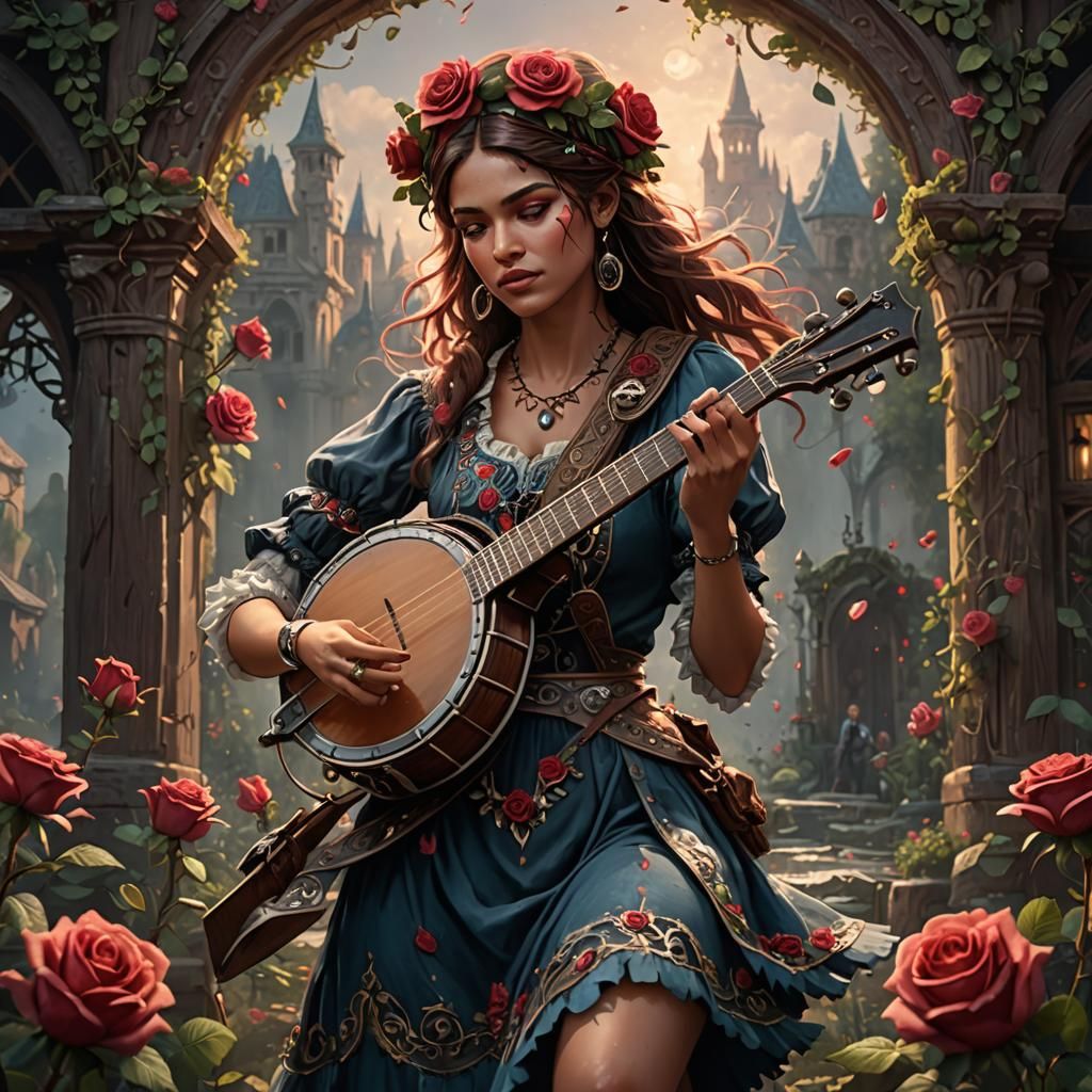 Girl Playing Banjo with Rose: Fantasy Concept Art
