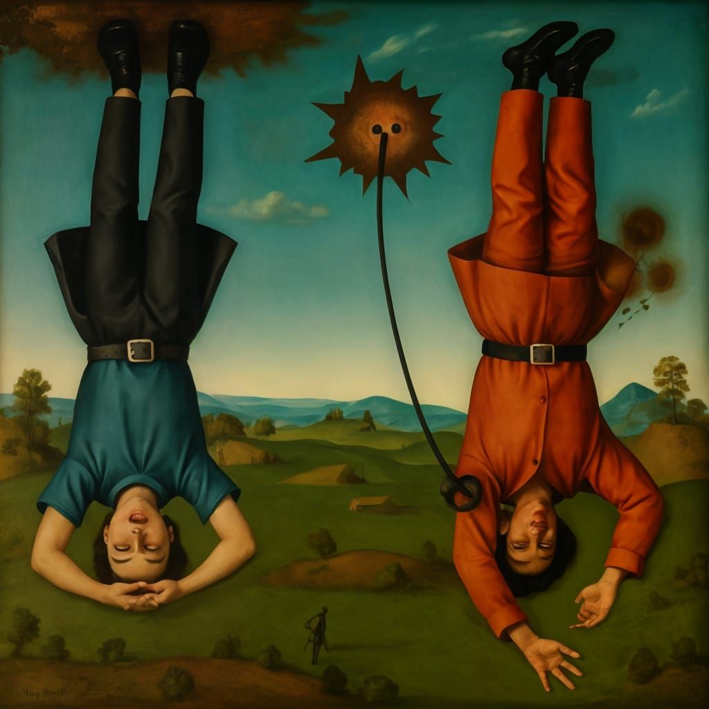 Human Figure Hanging Upside Down in Dualistic Conflict