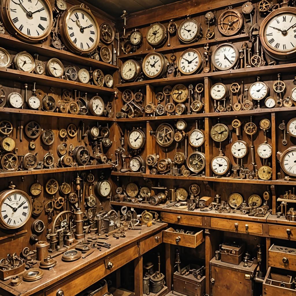 Interior of a steampunk clockmaker's workshop