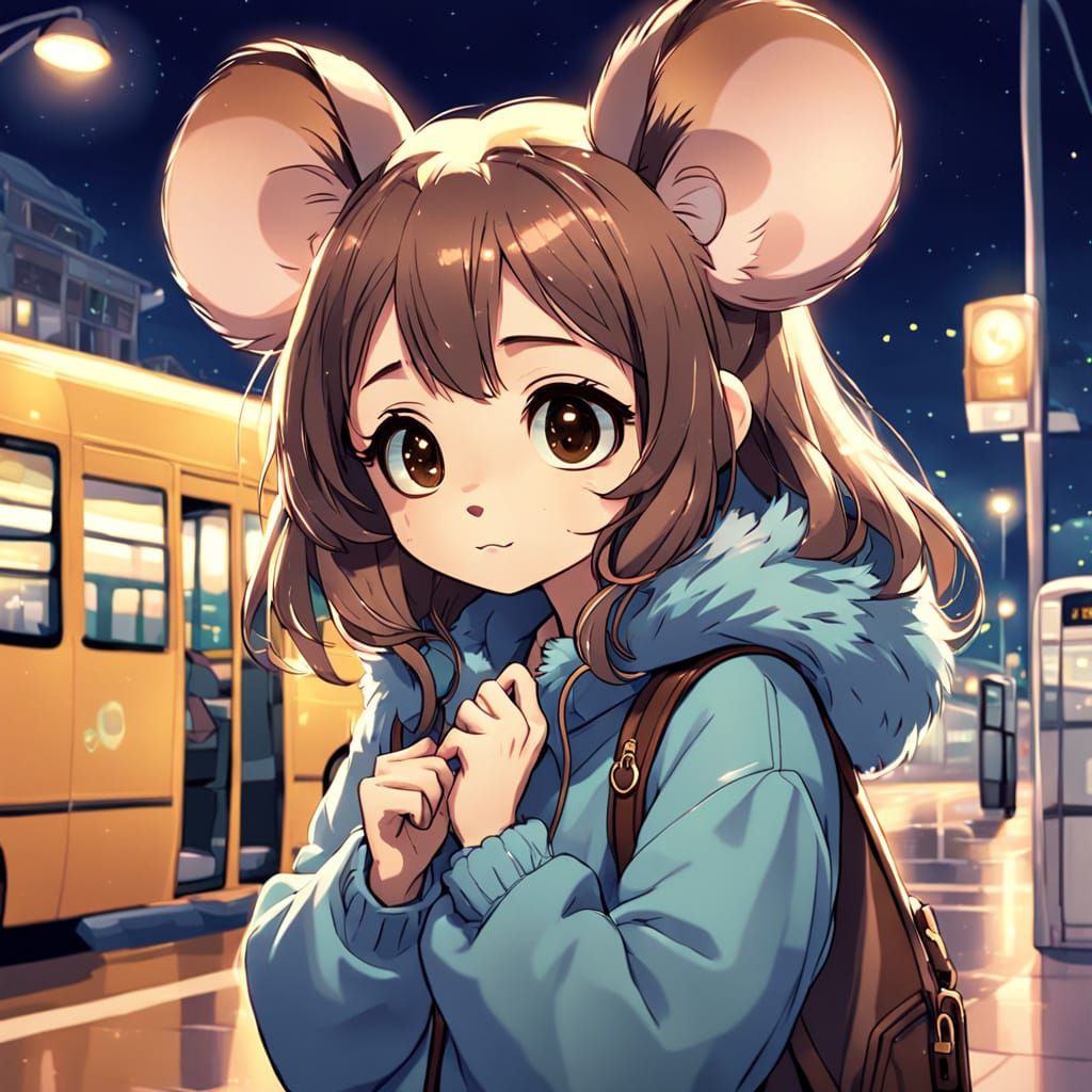 Anime Mouse Girl at Bus Stop Night