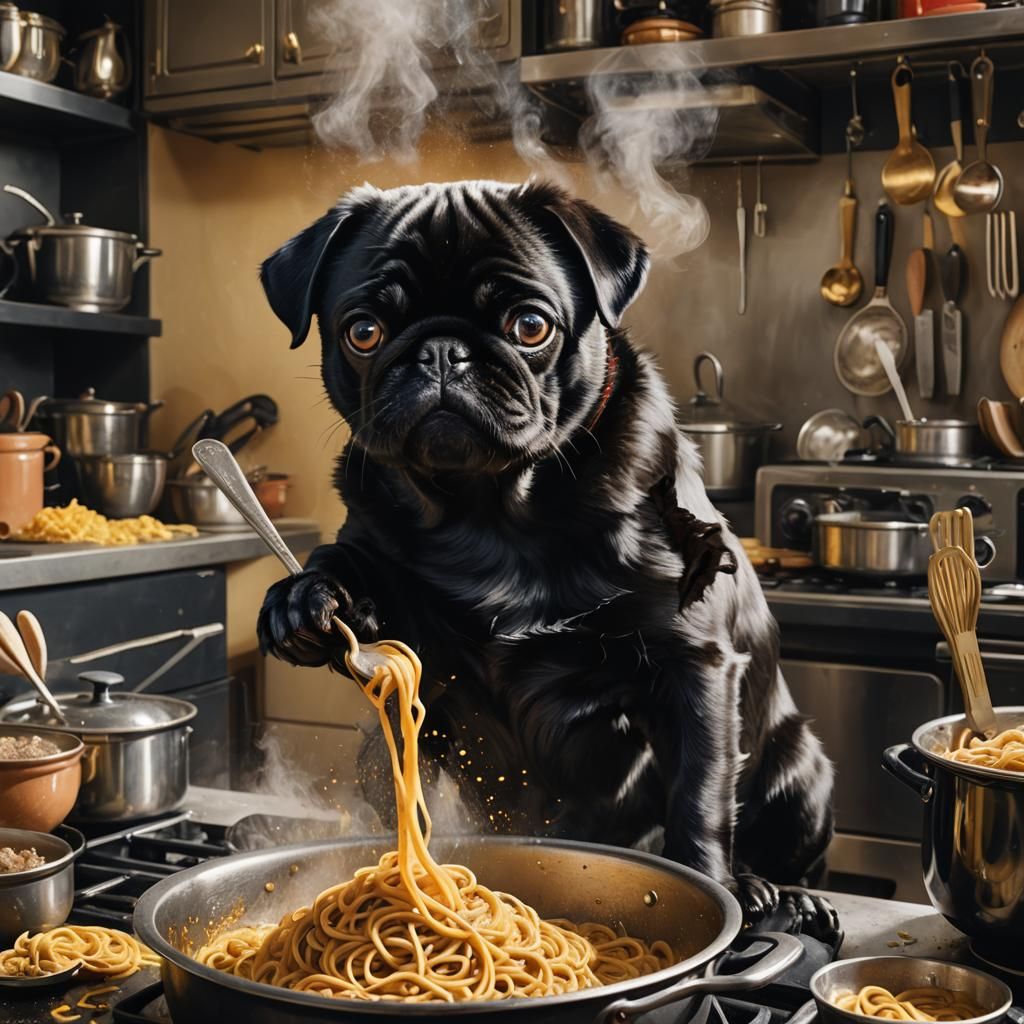 Hyperrealistic Pug Cooks Pasta: Vibrant Splash Art