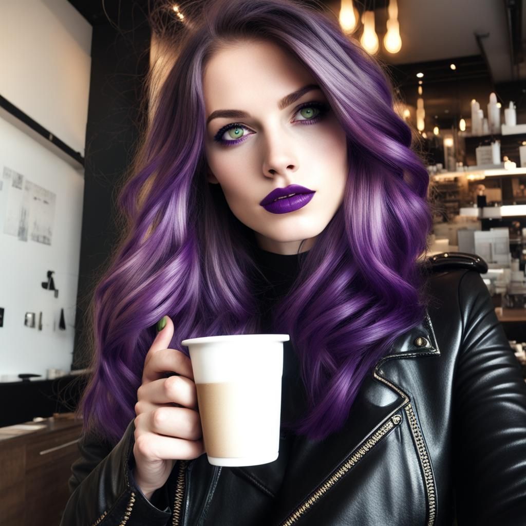 Woman with Purple Dip Dye Drinking Coffee