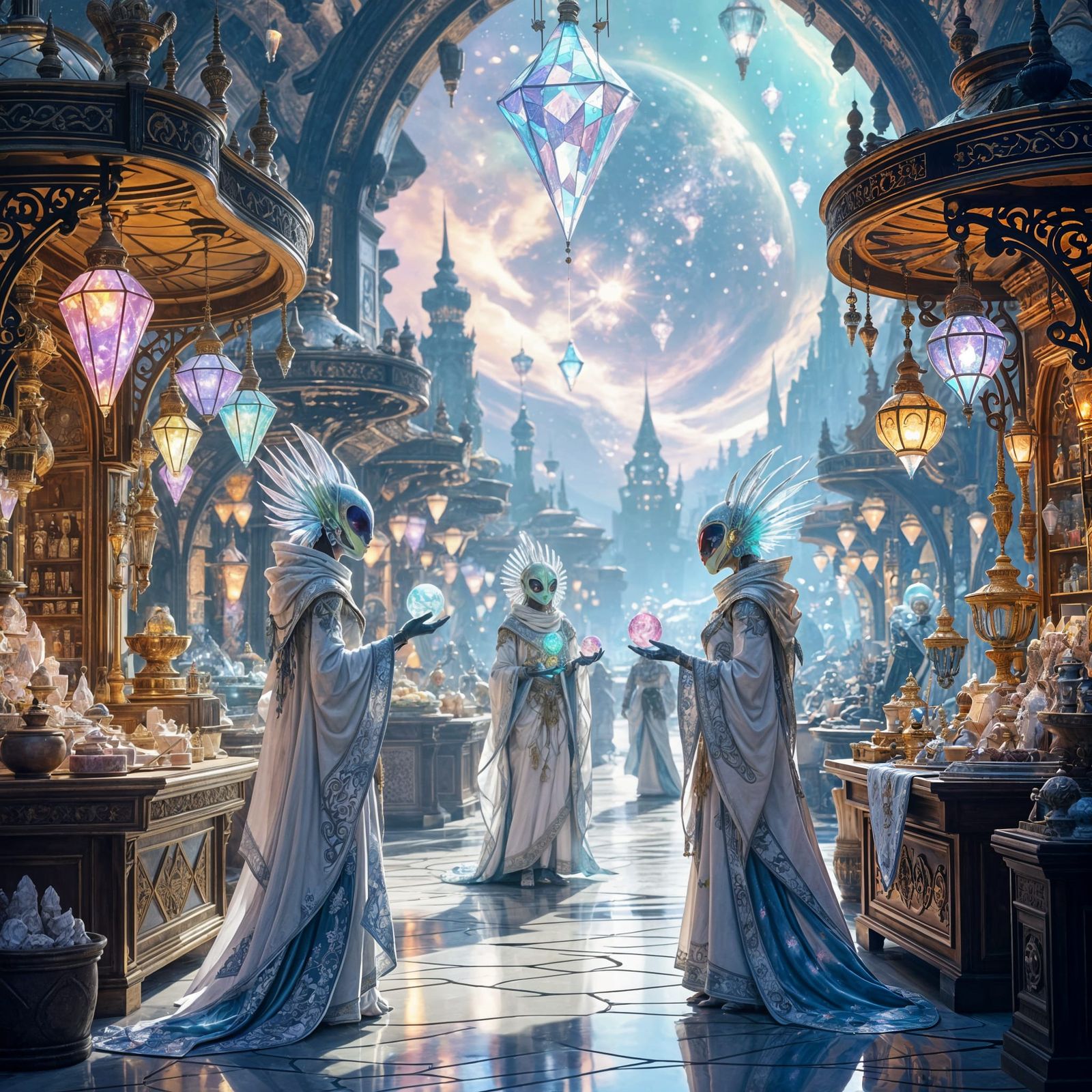 Floating Alien Bazaar in Zero Gravity, Fantasy Art